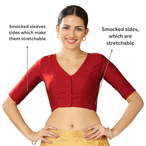 Studio Shringaar Women's Cotton Silk Stretchable (Smocked) Readymade Saree Blouse (Red, 42) - Image 2