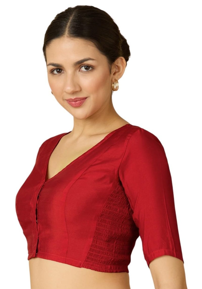 Studio Shringaar Women's Cotton Silk Stretchable (Smocked) Readymade Saree Blouse (Red, 42) - Image 1