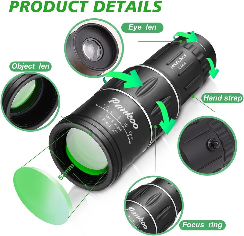 Pankoo 16X52 Monocular Telescope, High Power Prism Compact Monoculars for Adults Kids HD Monocular Scope for Bird Watching Hiking Concert Travelling - Image 2