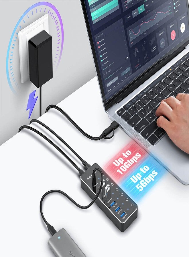 RSHTECH 7-Port Powered USB 3.2/USB C Hub with 10Gbps USB-A 3.2, 2 USB-C 3.2, 4 USB 3.0 Ports, Individual Touch Switches, 3.3ft Cable and 5V Power Adapter, USB Hub Splitter for Laptop/PC, RSH-ST07C - Image 2