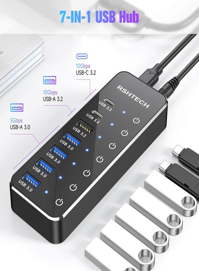 RSHTECH 7-Port Powered USB 3.2/USB C Hub with 10Gbps USB-A 3.2, 2 USB-C 3.2, 4 USB 3.0 Ports, Individual Touch Switches, 3.3ft Cable and 5V Power Adapter, USB Hub Splitter for Laptop/PC, RSH-ST07C - Image 3