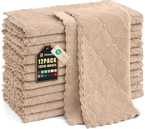 Homaxy 12 Pack Kitchen Dish Cloths 10 x 10 Inches Tan Super Soft and Absorbent Coral Velvet Dish Towels Nonstick Oil Fast Drying Microfiber Cleaning Cloth No Lint Household Dishcloths - Image 1