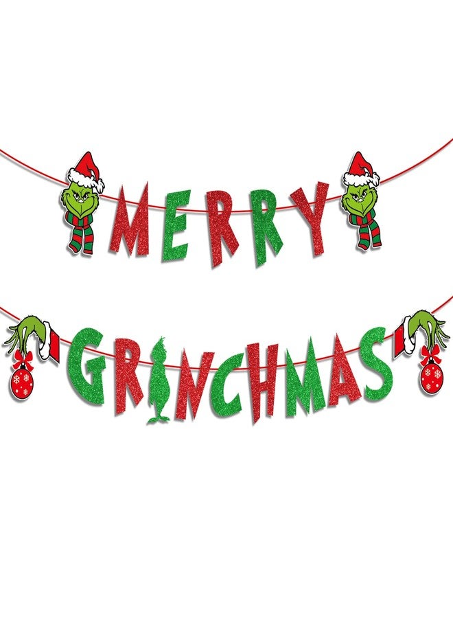 NAOPSY Glitter Merry Christmas Banner - Red Green Glittery Xmas Garland for Home Wall Mantle Fireplace Party Decorations and Supplies - Image 1