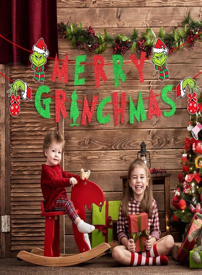 NAOPSY Glitter Merry Christmas Banner - Red Green Glittery Xmas Garland for Home Wall Mantle Fireplace Party Decorations and Supplies - Image 4