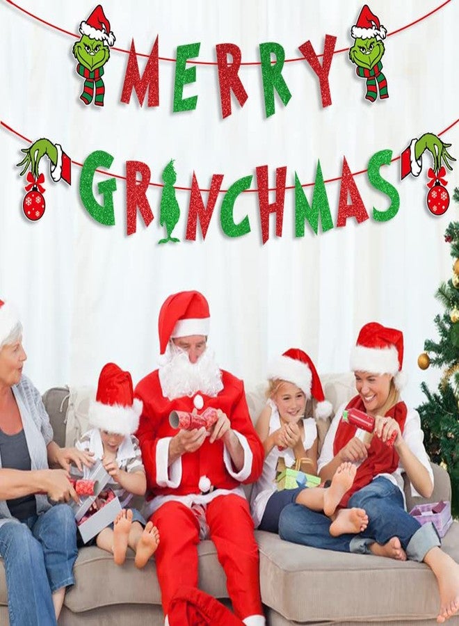 NAOPSY Glitter Merry Christmas Banner - Red Green Glittery Xmas Garland for Home Wall Mantle Fireplace Party Decorations and Supplies - Image 5