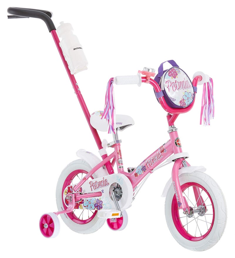 Schwinn Petunia Bike, 12 Inch Bike for Kids Ages 2-4, Steerable Beginner Bike, With Training Wheels, Parent Push Handle, Rear Coaster Brake, Single Speed, Adjustable Seat, Training Bicycle for Kids - Image 1