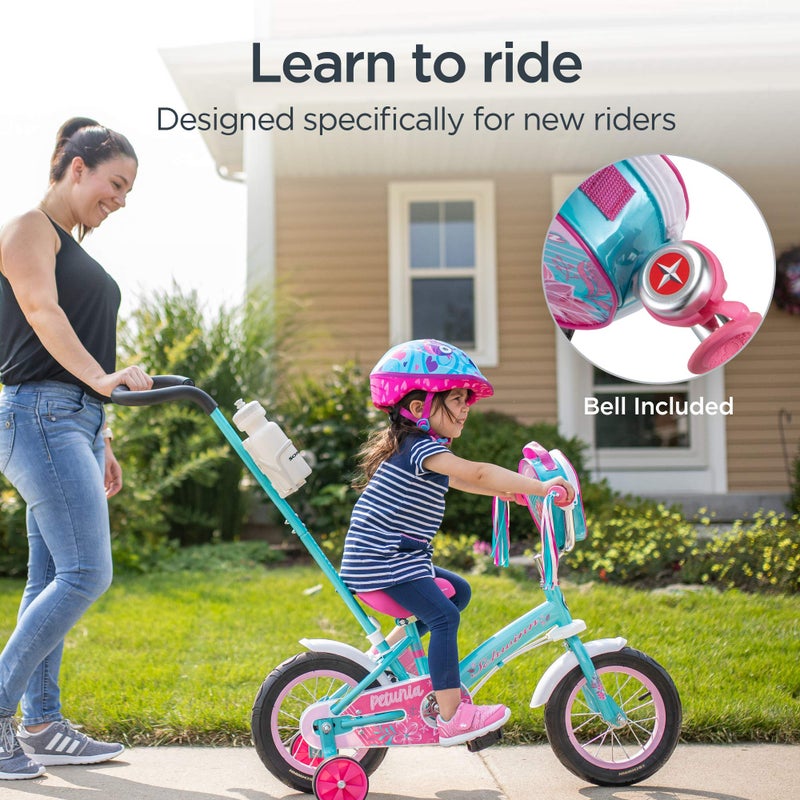 Schwinn Petunia Bike, 12 Inch Bike for Kids Ages 2-4, Steerable Beginner Bike, With Training Wheels, Parent Push Handle, Rear Coaster Brake, Single Speed, Adjustable Seat, Training Bicycle for Kids - Image 2