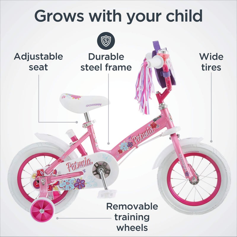 Schwinn Petunia Bike, 12 Inch Bike for Kids Ages 2-4, Steerable Beginner Bike, With Training Wheels, Parent Push Handle, Rear Coaster Brake, Single Speed, Adjustable Seat, Training Bicycle for Kids - Image 3