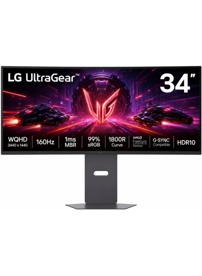 34 inch UltraGear Curved Ultrawide Gaming Monitor, 3440×1440 WQHD, 160Hz, 1ms MBR, VA Panel, AMD FreeSync Premium, G-SYNC Compatible, HDR10, 99% sRGB, 1800R Curve, HDMI 2.0, DisplayPort 1.4, 34G600A-B black