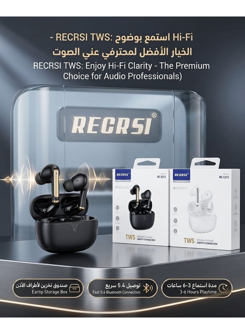 سماعة بلوتوث RECRSI RE-5212 لاسلكية بالكامل (TWS) - صوت Hi-Fi نقي - بلوتوث 5.4 سريع - تشغيل حتى 6 ساعات - مع علبة تخزين إضافية