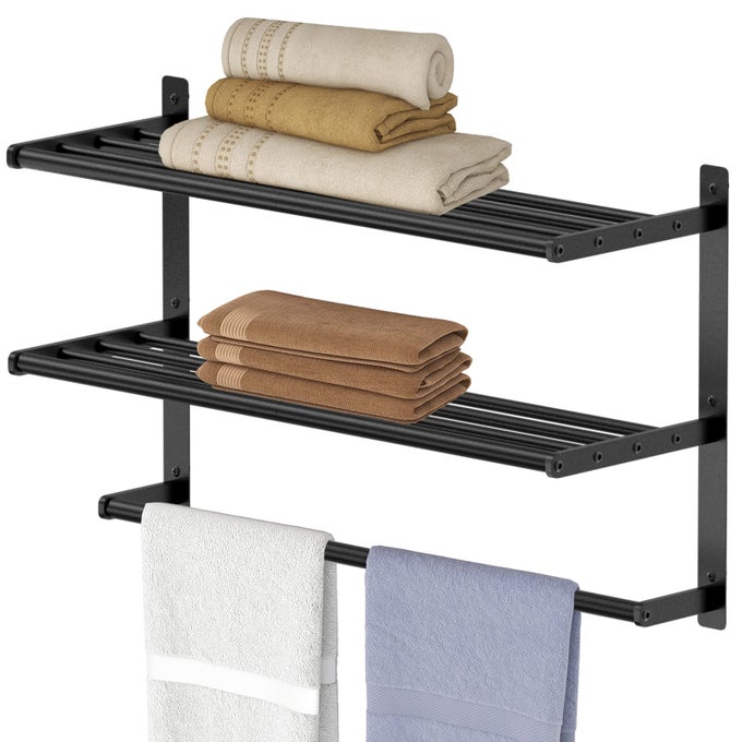 HOTEL TOWEL RACK WITH 3TIER SHELF 24 INCH WALL MOUNTED BATHROOM BAR MATTE BLACK LAVATORY BATH TOWER