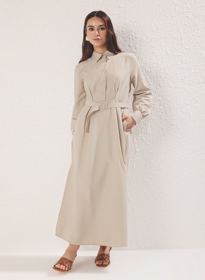 trendyol Beige Shirt Collar Fabric Belted Woven Dress - Image 2