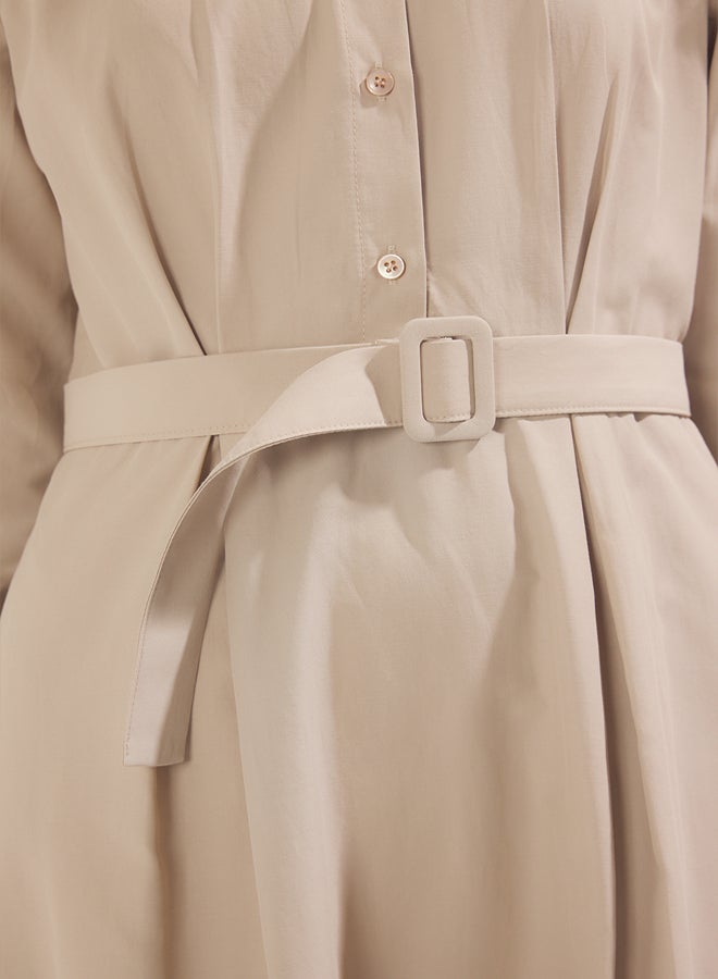 trendyol Beige Shirt Collar Fabric Belted Woven Dress - Image 3