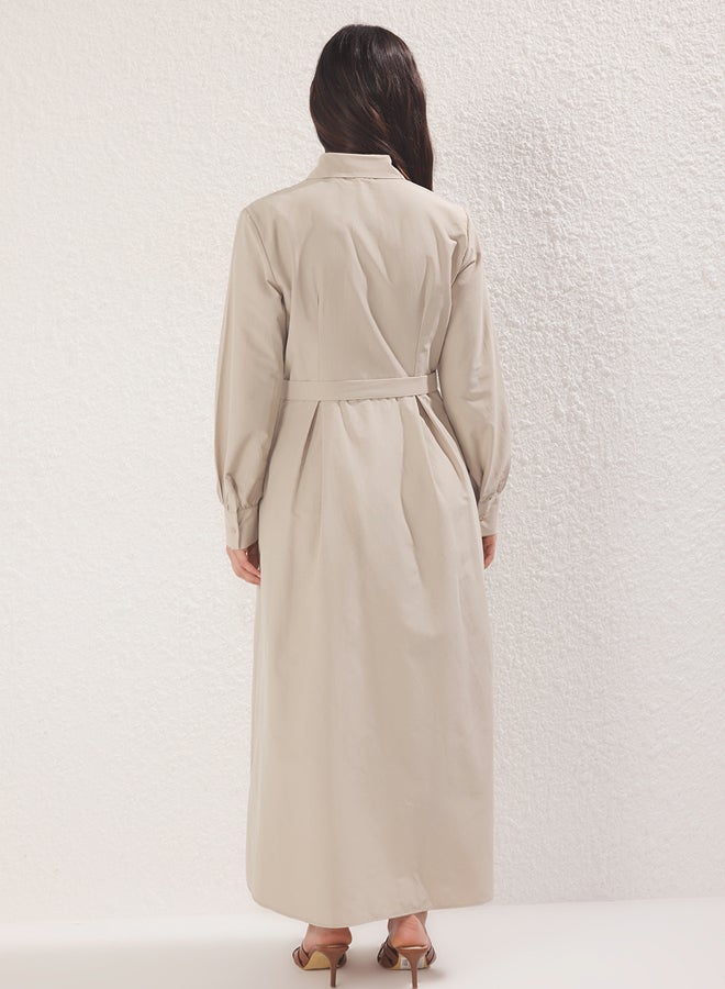 trendyol Beige Shirt Collar Fabric Belted Woven Dress - Image 4