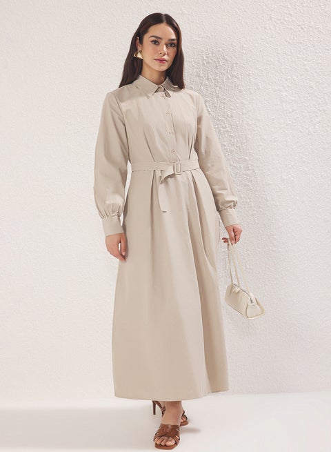 Beige Shirt Collar Fabric Belted Woven Dress