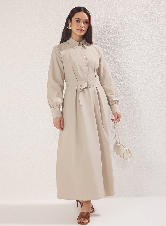 trendyol Beige Shirt Collar Fabric Belted Woven Dress - Image 1