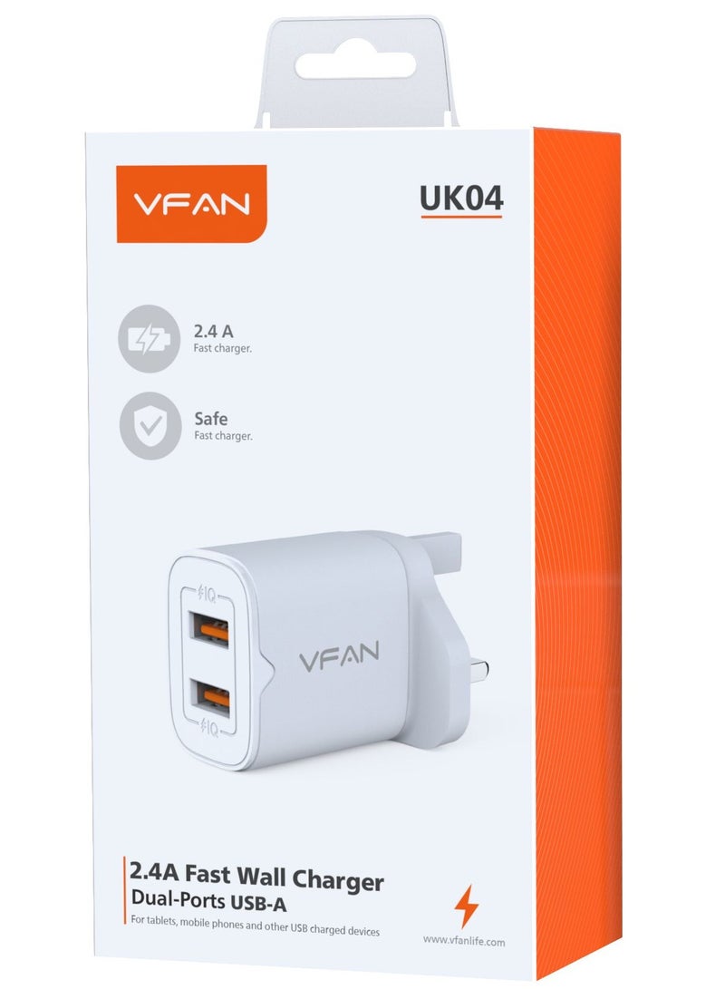 VFAN Dual USB Port Fast Wall Charger UK04-White - Image 1