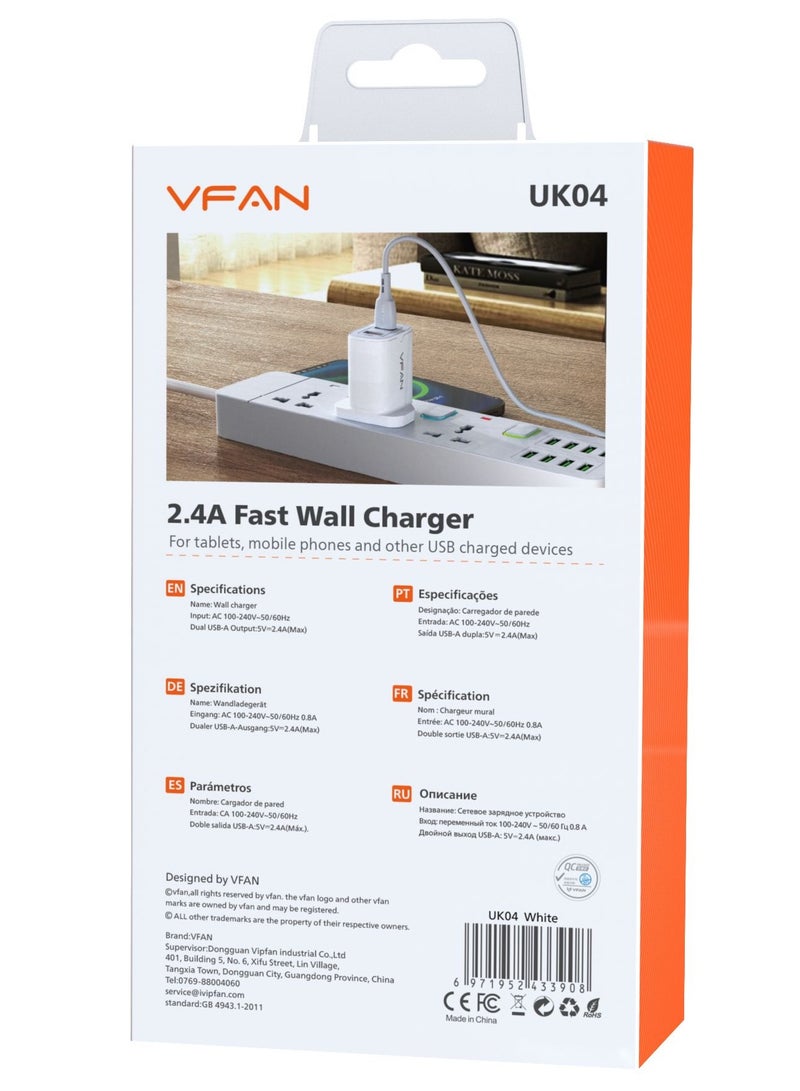 VFAN Dual USB Port Fast Wall Charger UK04-White - Image 4