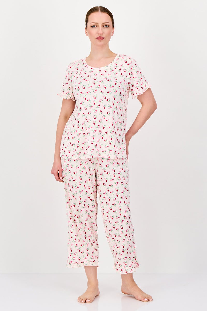 Rene Rofe Women 2 Pcs Floral Print Top And Bottom Pyjama Set, Multicolor - Image 1