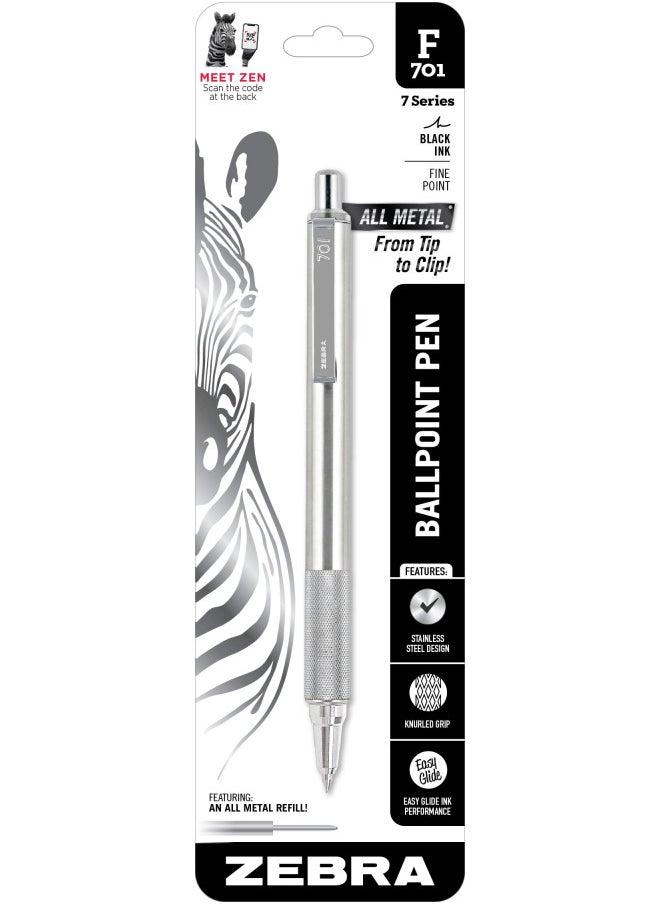 ZEBRA Zebra Pen F-701 Retractable Ballpoint Pen, Stainless Steel Barrel, Fine Point, 0.8mm, Black Ink, 1-Pack  - Image 1