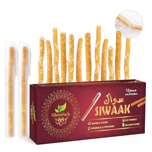 HikmaHerb Pack of 12 Miswak Sticks with 2 Holders - Vacuum Sealed Natural Chewing Sticks for Teeth - Natural Flavored Toothbrush for Teeth Whitening, Oral Health, and Fresh Breath || Pack of 12… - Image 1