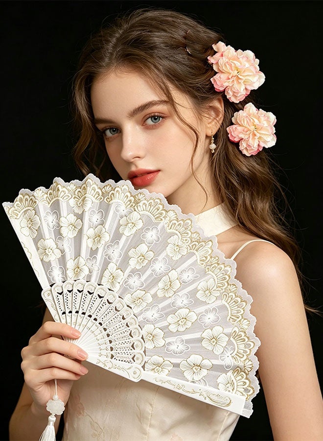 Happy D Three-piece set of women's floral hair clips and embroidered flower fabric folding handheld fan hair accessories, with elegant tassels, suitable for flamenco dancer outfits, wedding parties, and girls' cosplay parties - Image 2