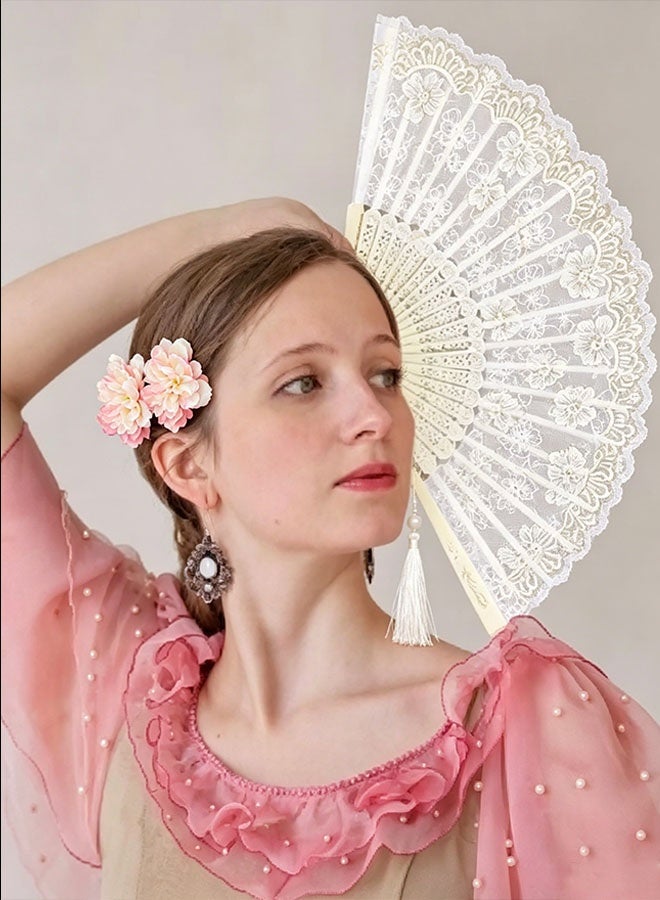 Happy D Three-piece set of women's floral hair clips and embroidered flower fabric folding handheld fan hair accessories, with elegant tassels, suitable for flamenco dancer outfits, wedding parties, and girls' cosplay parties - Image 4