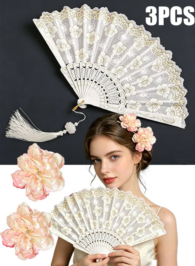 Happy D Three-piece set of women's floral hair clips and embroidered flower fabric folding handheld fan hair accessories, with elegant tassels, suitable for flamenco dancer outfits, wedding parties, and girls' cosplay parties - Image 1