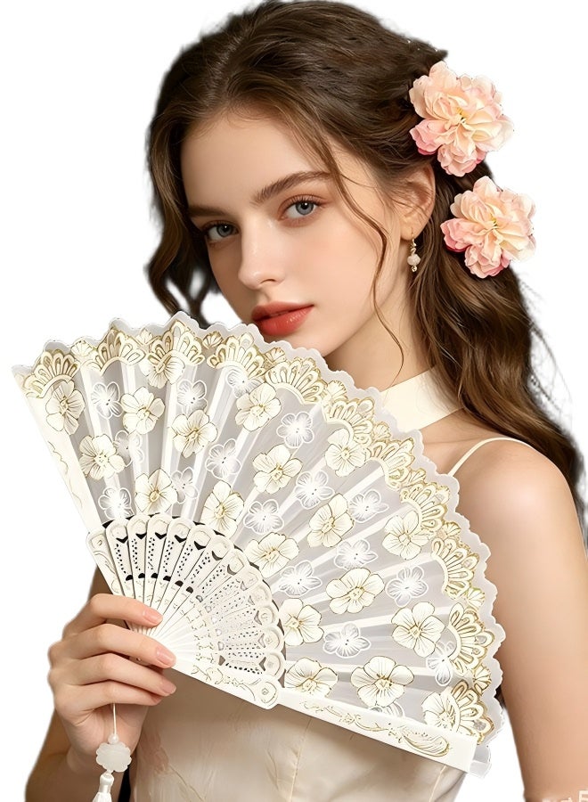 Happy D Three-piece set of women's floral hair clips and embroidered flower fabric folding handheld fan hair accessories, with elegant tassels, suitable for flamenco dancer outfits, wedding parties, and girls' cosplay parties - Image 3