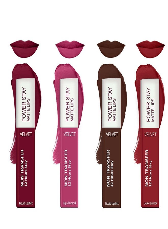 ForSure® Liquid Matte Lipstick Waterproof - Power Stay Lipstick combo of 4 (Upto 12 Hrs Stay) (Cherry Maroon, Pink Blush, Deep Brown, Deep Red) - Image 1