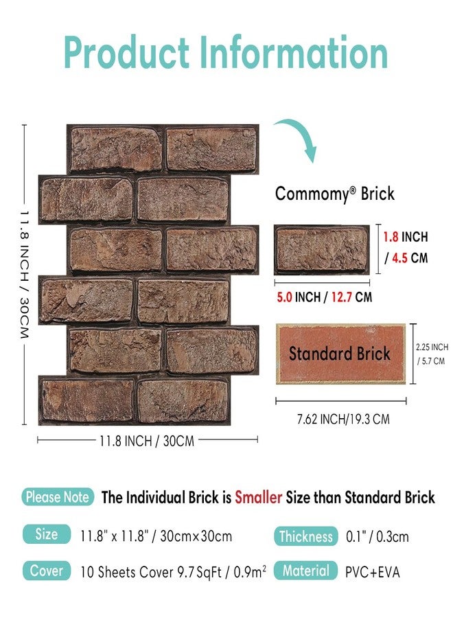 Commomy 3D Faux Brick Wall Panels - 10 pcs 11.8”x 11.8”Small Size PVC Printable Peel and Stick Brick Backsplash Brown Brick Wallpaper Wall Tile for Kitchen,Bedroom,Bathroom,Living Room,Fireplace,RV - Image 5