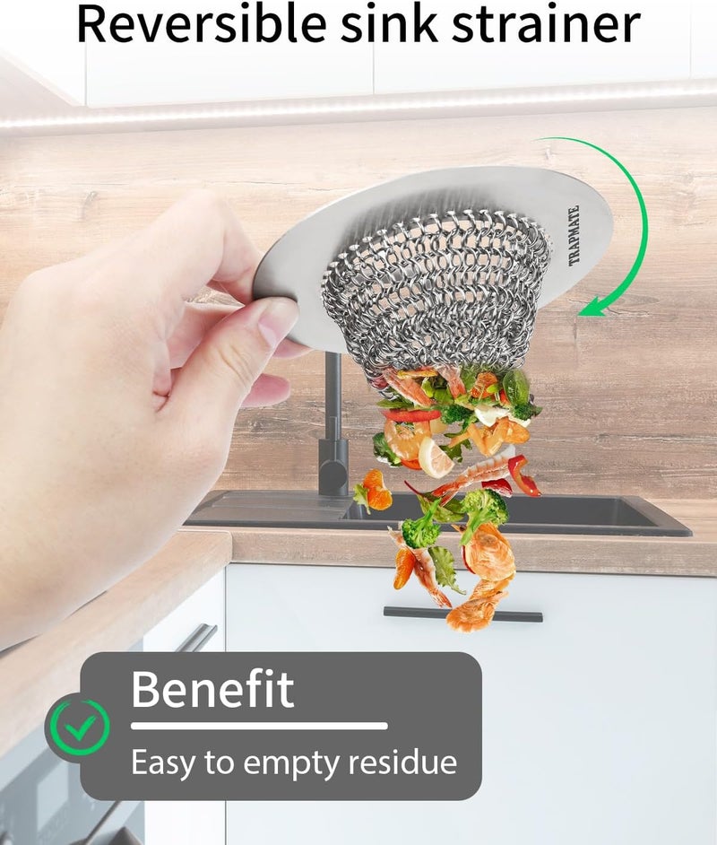TRAPMATE Kitchen Sink Drain Strainer, Reversible Chain Mesh Sink Strainer, 304 Stainless Steel Anti-Clogging & Easy Clean Sink Strainer Basket, Fits US Standard Kitchen Sink Drains, Dishwasher Safe - Image 2