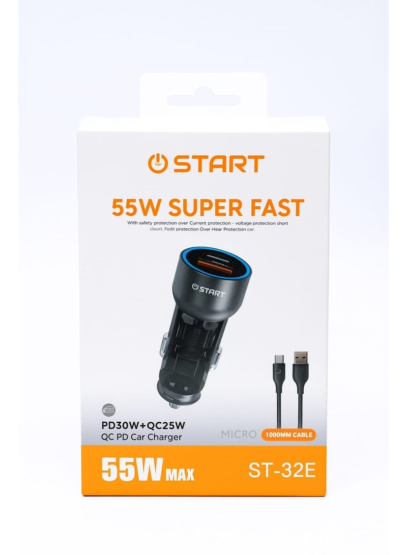 START 55W Super Fast Car Charger ST-32E Dual PD+QC Ports with 1000mm Micro Cable