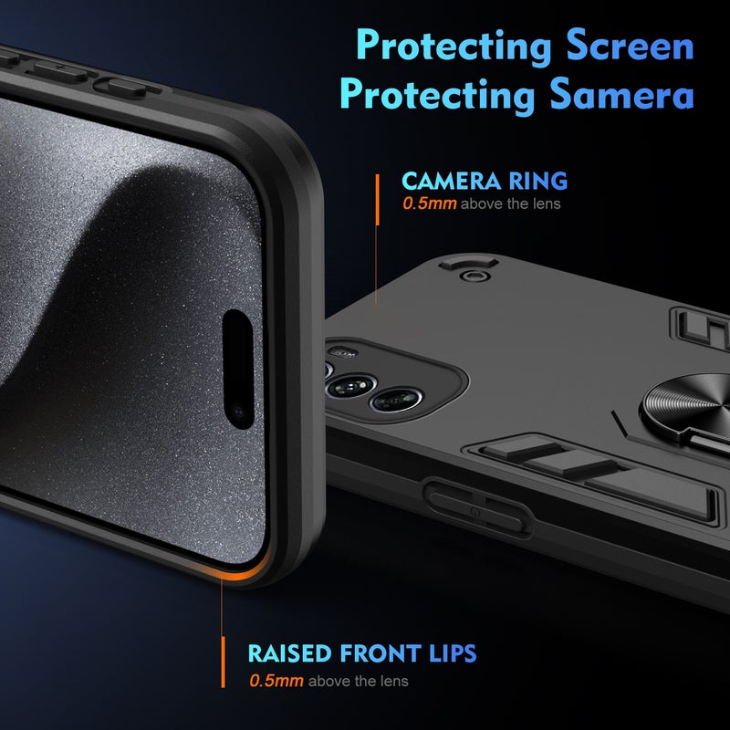 HuHa Case Cover For Motorola Moto G62 5G Shockproof Metal Ring Holder Phone Case(Black) - Image 3