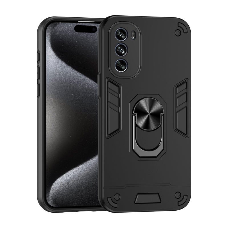 HuHa Case Cover For Motorola Moto G62 5G Shockproof Metal Ring Holder Phone Case(Black) - Image 1