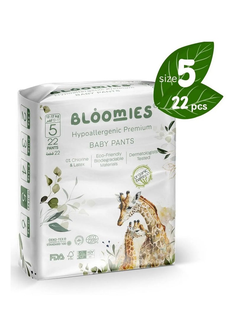 Bloomies Bloomies Organic Bamboo Premium Pant Style Baby Diapers, Hypoallergenic, 3D Leak Protection, Wetness Indicator, Super Soft, Size 5 - 22 Pieces 