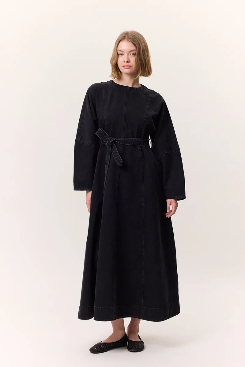 Manuka Wide Sleeve Belted Denim Dress Black
