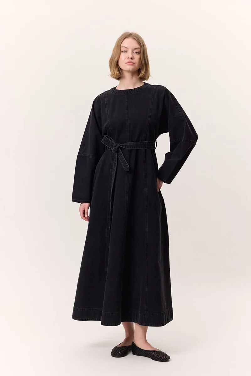 Manuka Wide Sleeve Belted Denim Dress Black