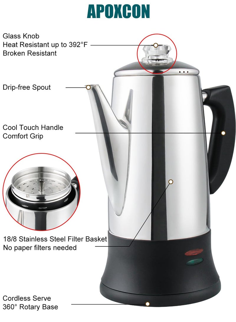 APOXCON Electric Coffee Percolator Stainless Steel Coffee Maker with Two Heat Resistant Tough Glass Clear Brew Progress Knob Classic Look Keep Warm & Cordless Serving Coffee Pot 12 Cup - Image 3
