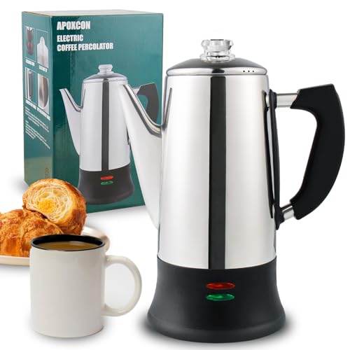 APOXCON Electric Coffee Percolator Stainless Steel Coffee Maker with Two Heat Resistant Tough Glass Clear Brew Progress Knob Classic Look Keep Warm & Cordless Serving Coffee Pot 12 Cup - Image 1