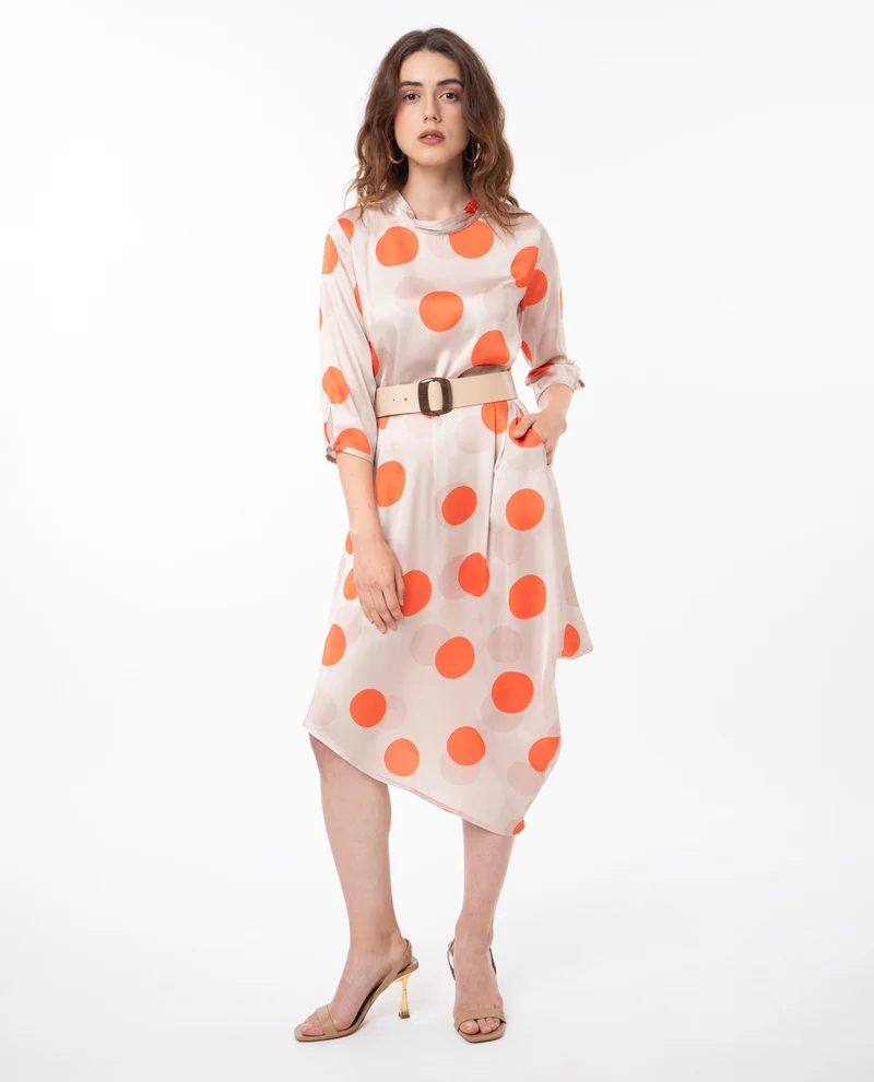 Rareism Rareism Women Nia Light Beige Polyester Fabric 3/4Th Sleeves Zip Closure High Neck Relaxed Fit Polka Midi Asymmetric Dress