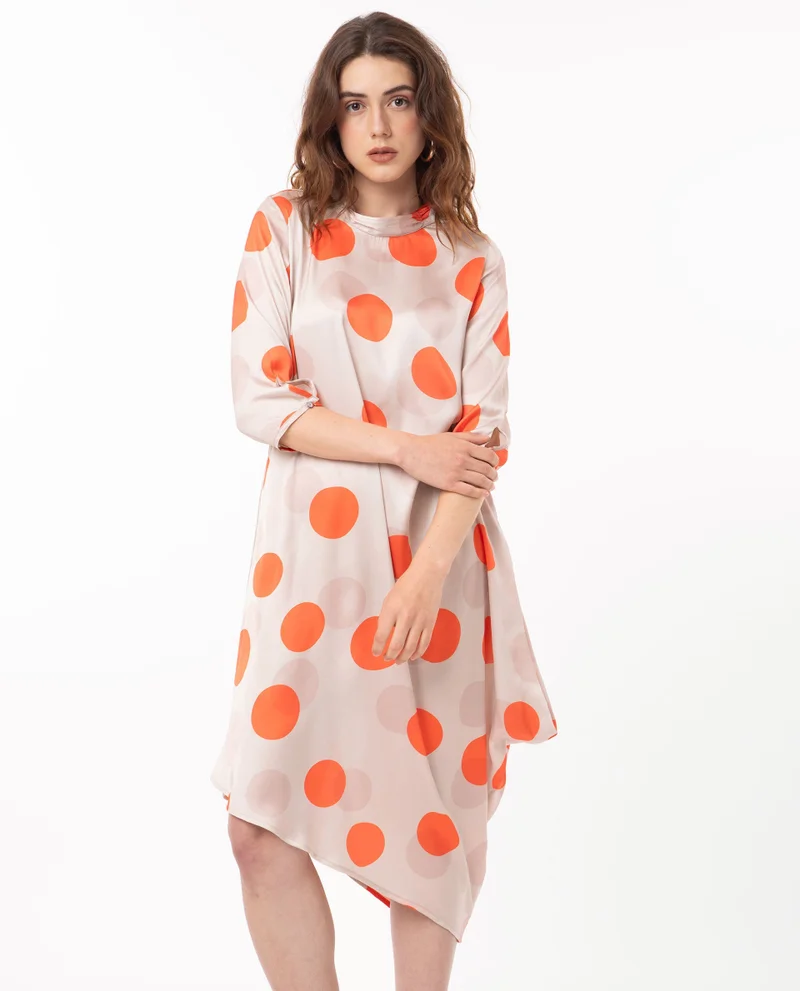 Rareism Rareism Women Nia Light Beige Polyester Fabric 3/4Th Sleeves Zip Closure High Neck Relaxed Fit Polka Midi Asymmetric Dress