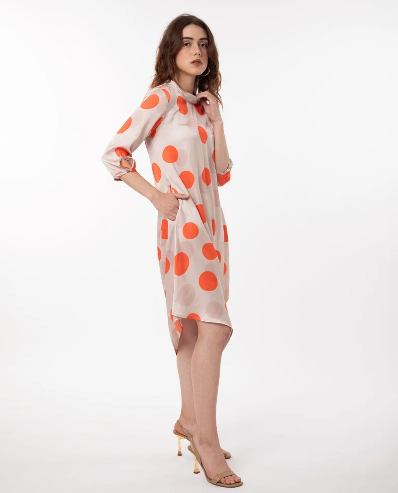 Rareism Rareism Women Nia Light Beige Polyester Fabric 3/4Th Sleeves Zip Closure High Neck Relaxed Fit Polka Midi Asymmetric Dress