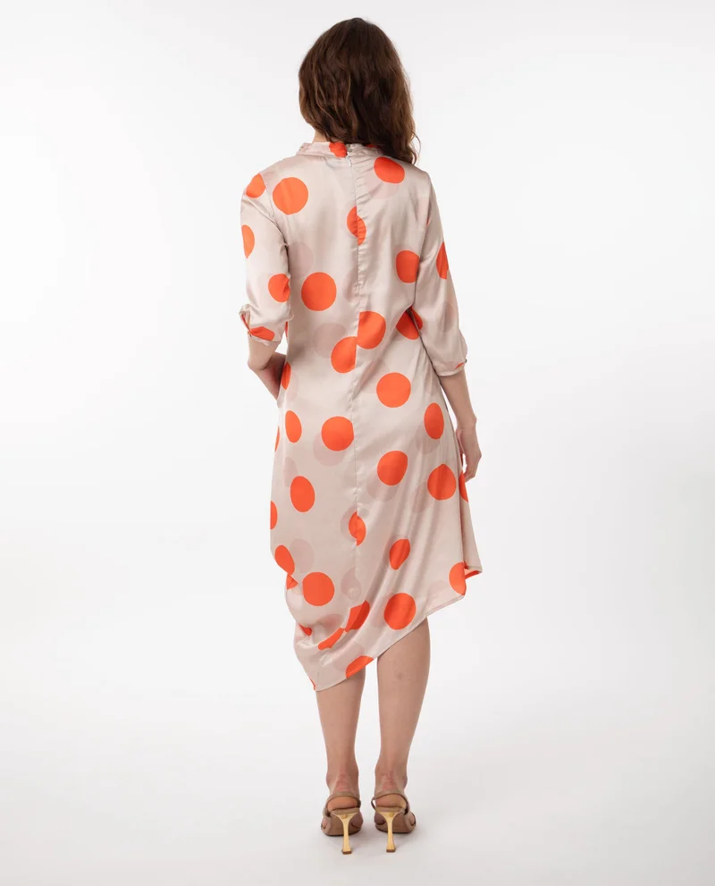 Rareism Rareism Women Nia Light Beige Polyester Fabric 3/4Th Sleeves Zip Closure High Neck Relaxed Fit Polka Midi Asymmetric Dress
