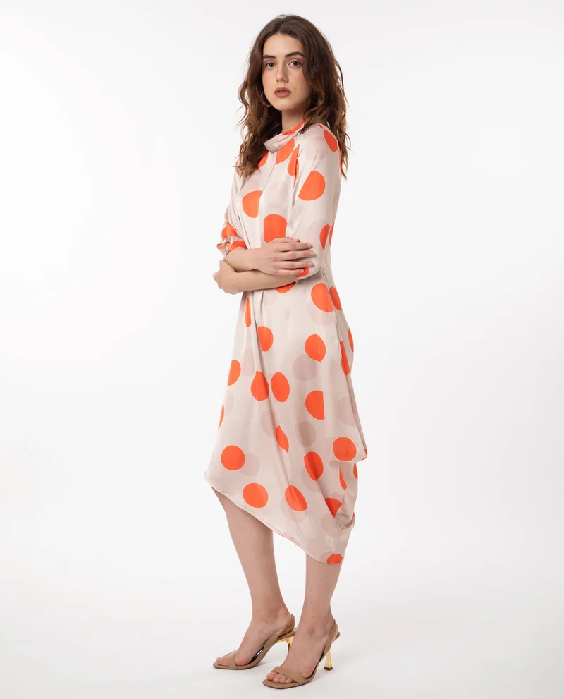 Rareism Rareism Women Nia Light Beige Polyester Fabric 3/4Th Sleeves Zip Closure High Neck Relaxed Fit Polka Midi Asymmetric Dress