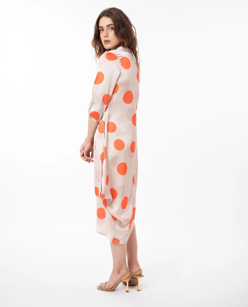 Rareism Rareism Women Nia Light Beige Polyester Fabric 3/4Th Sleeves Zip Closure High Neck Relaxed Fit Polka Midi Asymmetric Dress