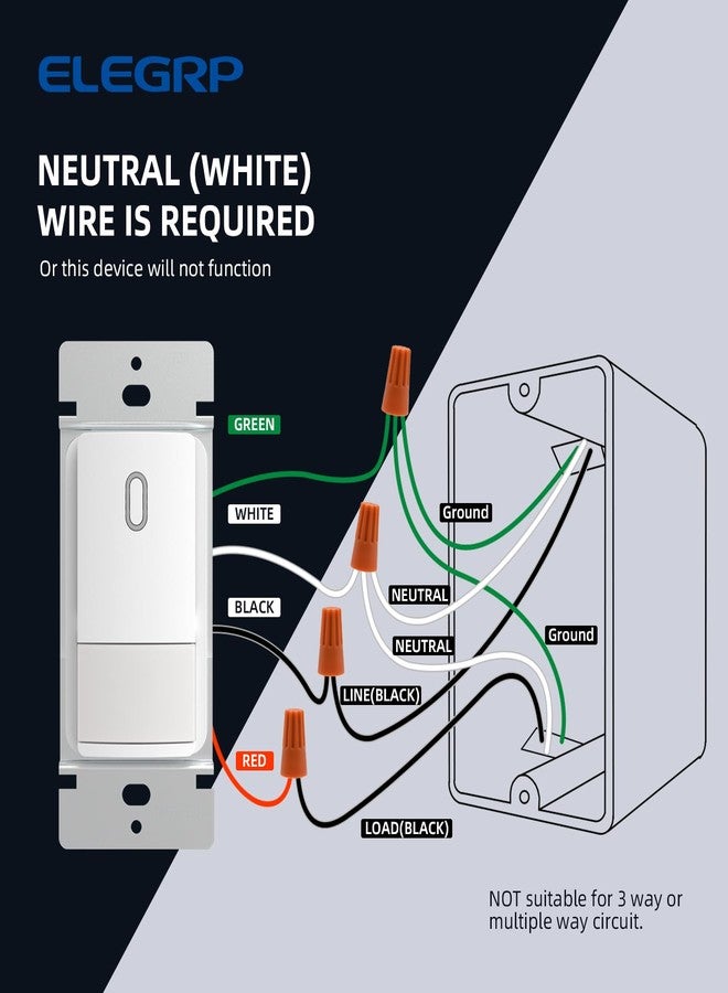 ELEGRP Matte White Single Pole Occupancy Motion Sensor Light Switch, Need Neutral Wire, 120° Sensor Coverage PIR Infrared Motion Activated, for CFL/LED/MLV/INC/HAL/Fan, UL,1 Pack - Image 5