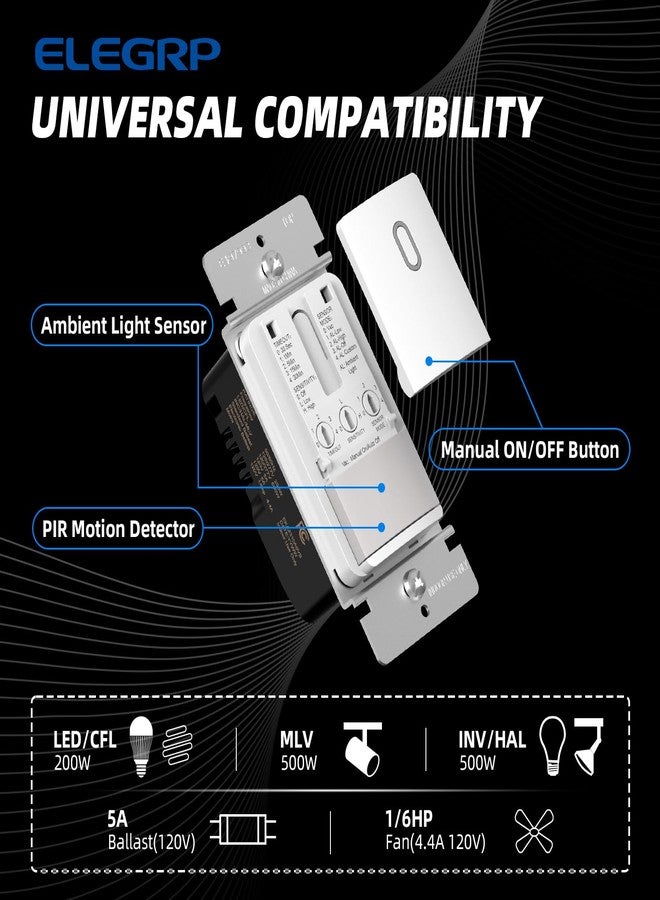 ELEGRP Matte White Single Pole Occupancy Motion Sensor Light Switch, Need Neutral Wire, 120° Sensor Coverage PIR Infrared Motion Activated, for CFL/LED/MLV/INC/HAL/Fan, UL,1 Pack - Image 2
