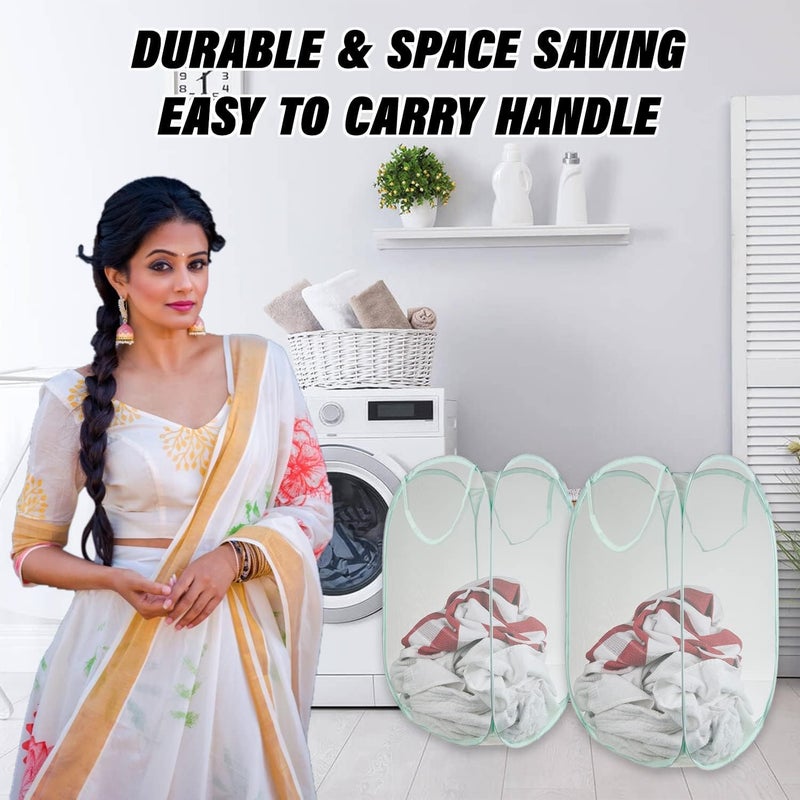 Kuber Industries Laundry Basket For Clothes|Foldable Pop-Up Laundry Bag|Netted Lightweight Toys Organizer|Reinforced Handles "20"LTR|Pack of 3 (Green) - Image 5