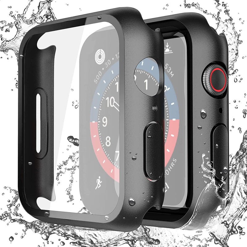Misxi 2-Pack Waterproof Hard Case with Tempered Glass Compatible with Apple Watch SE 3 SE 2 SE Series 6 Series 5 Series 4 40mm, Ultra-Thin Protective Cover for iWatch Screen Protector, Matte Black - Image 1
